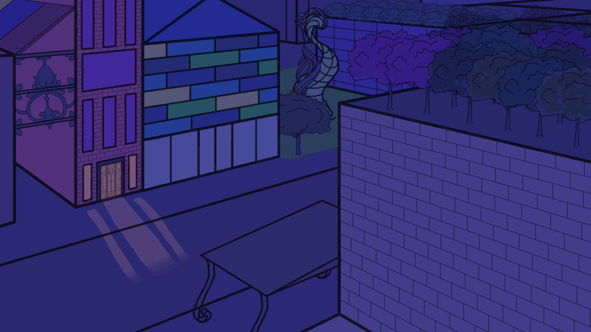 student project Photoshop color comp of a solarpunk street at night